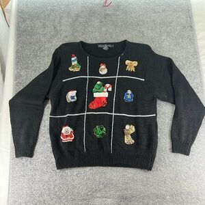 Vintage Work In Progress Long Sleeve Christmas Sweater Black Womens L Santa